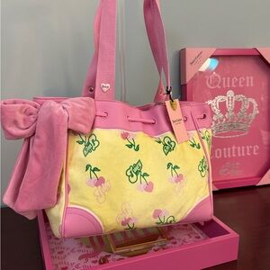 Juicy Couture Pink and Yellow Cherry-Print Tote with Bow Accent